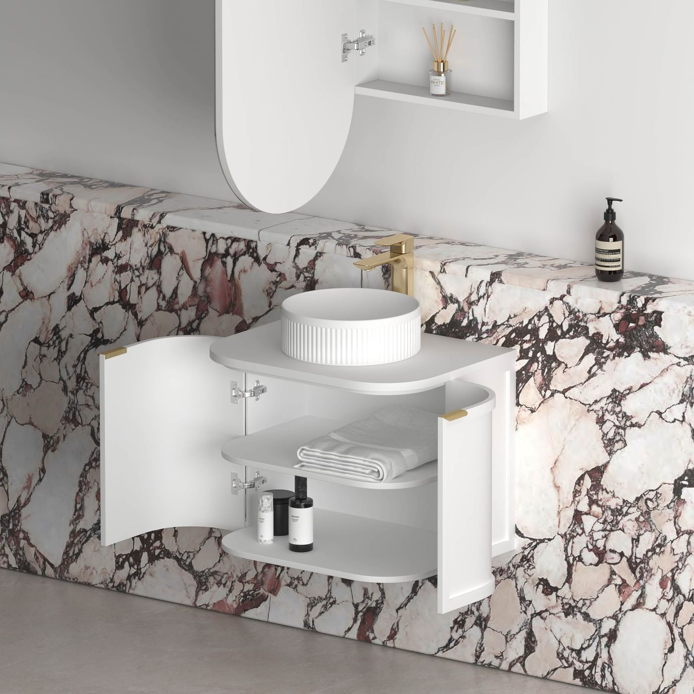 OTTI HAMPSHIRE SATIN WHITE 600MM CURVE SINGLE BOWL WALL HUNG VANITY