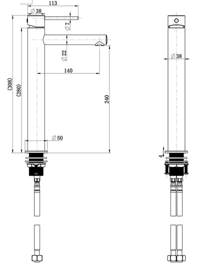 MODERN NATIONAL STAR MINI HIGH RISE TALL BASIN MIXER WITH KNURLED HANDLE 308MM BRUSHED NICKEL