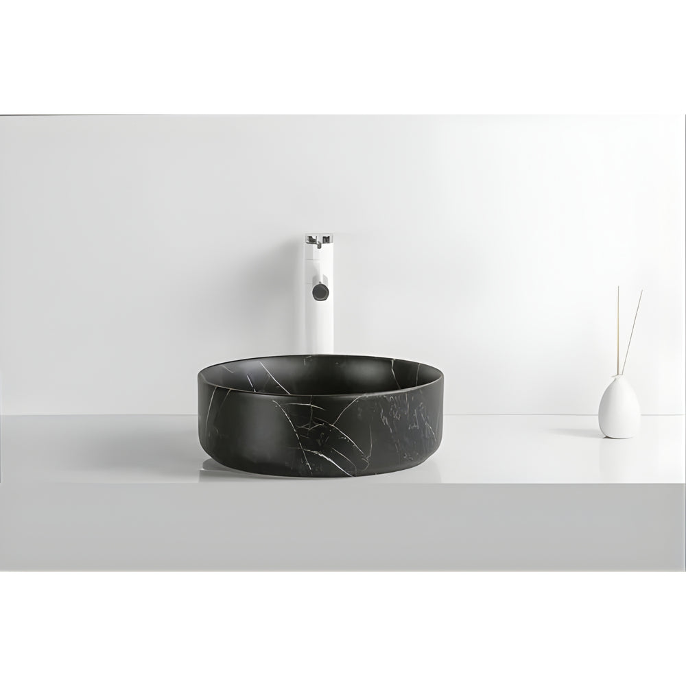 INFINITY ART BASIN CERAMIC MARBLE ROUND MATTE BLACK CARRARA 360MM