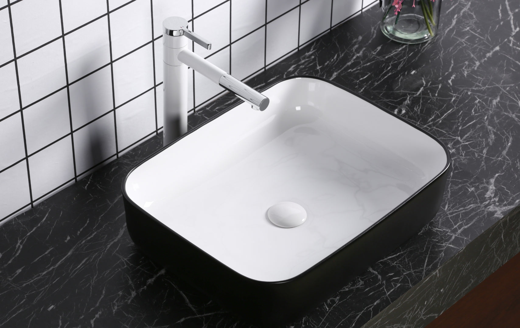 INFINITY ABOVE COUNTER BASIN RECTANGULAR GLOSS BLACK / WHITE 500MM