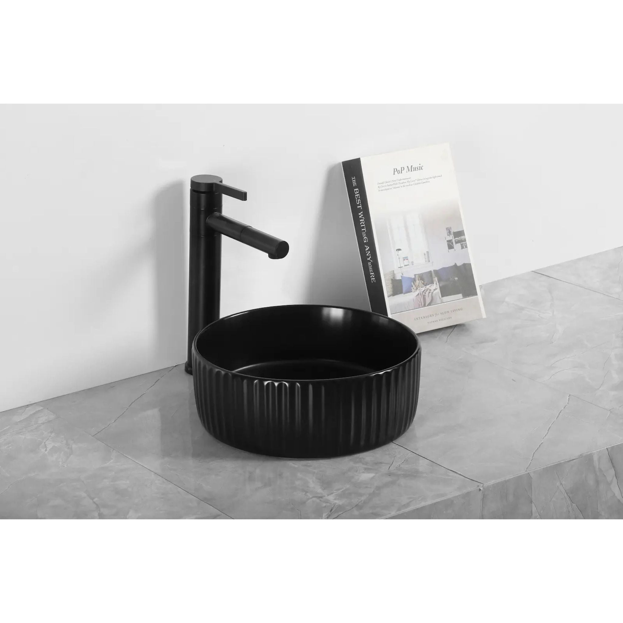 INFINITY ABOVE COUNTER CERAMIC BASIN ROUND MATTE BLACK 300MM