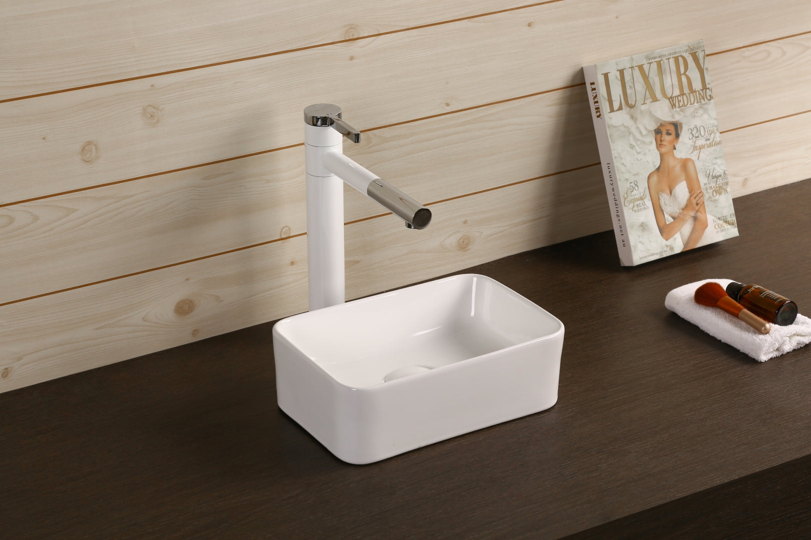 INFINITY CERAMIC BASIN ABOVE COUNTER RECTANGULAR GLOSS WHITE 300MM