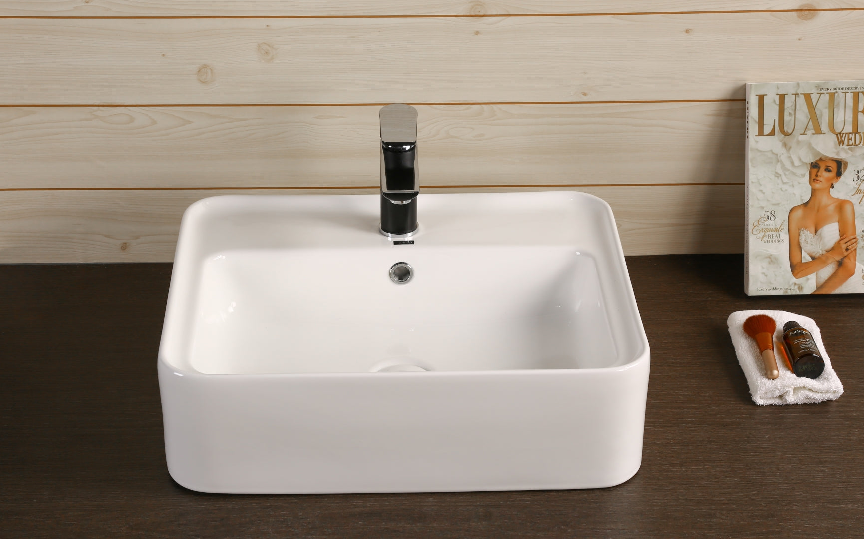 INFINITY CERAMIC BASIN ABOVE COUNTER RECTANGULAR GLOSS WHITE 530MM