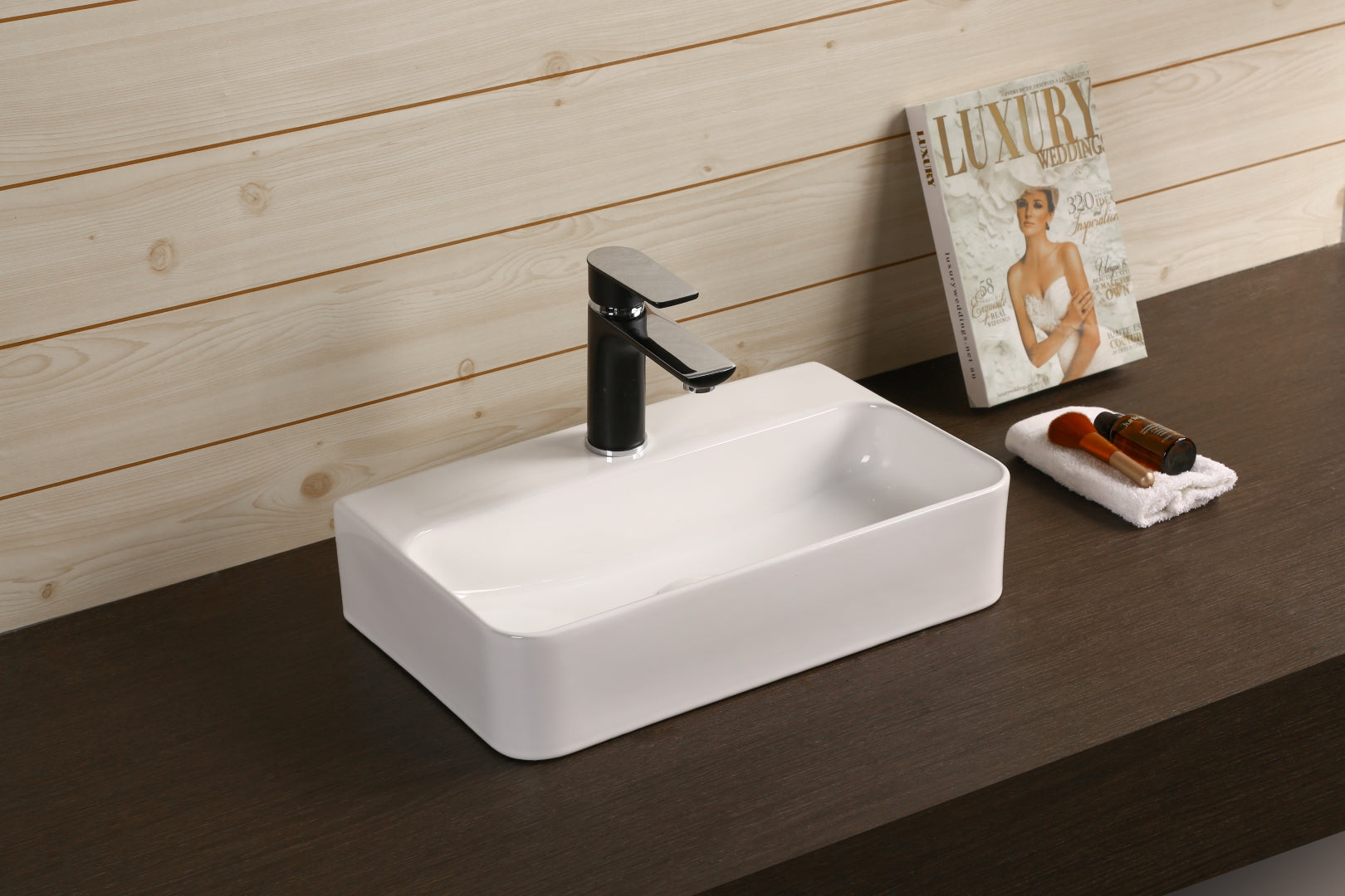 INFINITY CERAMIC BASIN ABOVE COUNTER RECTANGULAR GLOSS WHITE 450MM