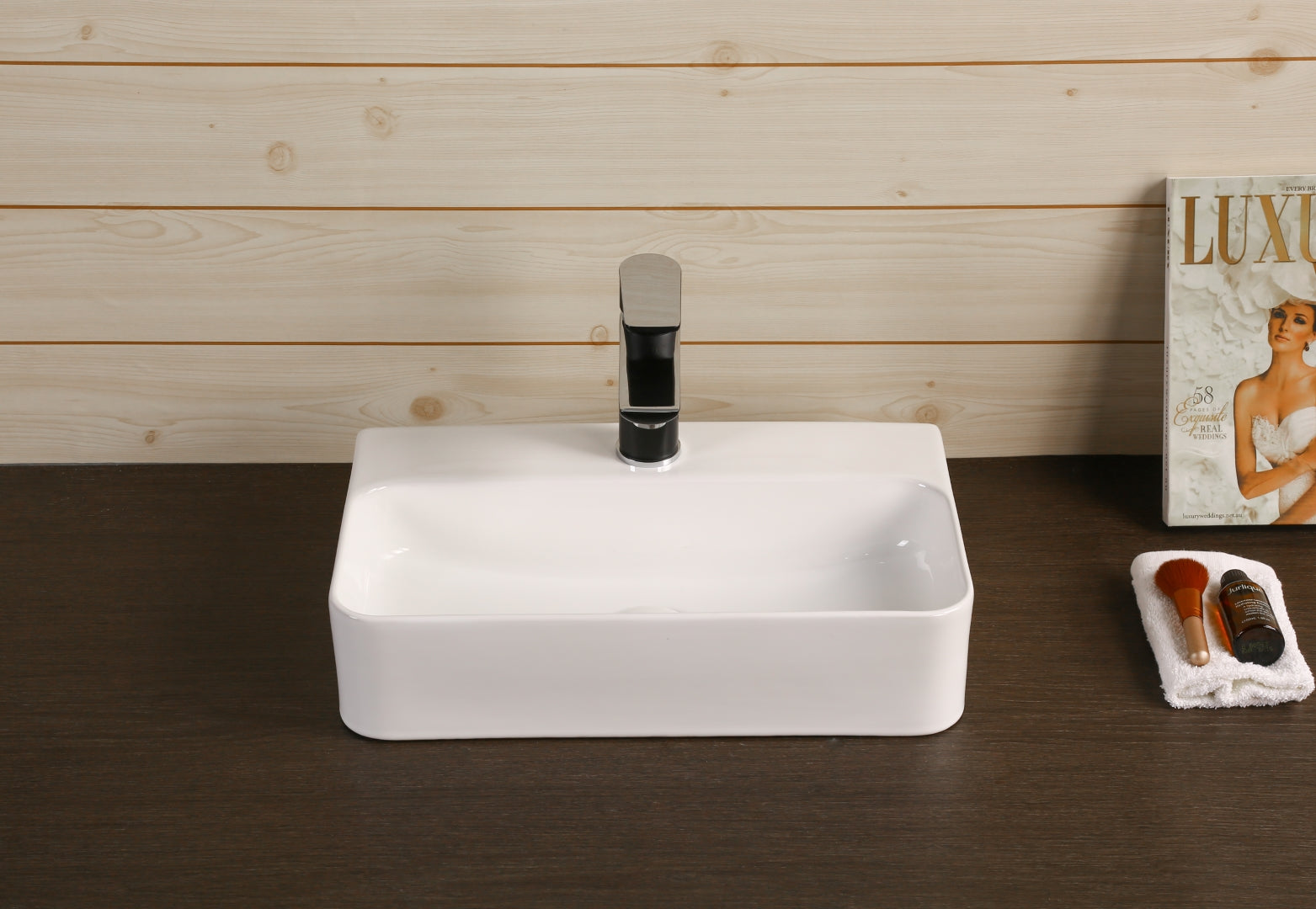 INFINITY CERAMIC BASIN ABOVE COUNTER RECTANGULAR GLOSS WHITE 450MM