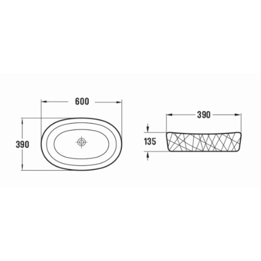 INFINITY ABOVE COUNTER CERAMIC BASIN OVAL MATTE WHITE 600MM