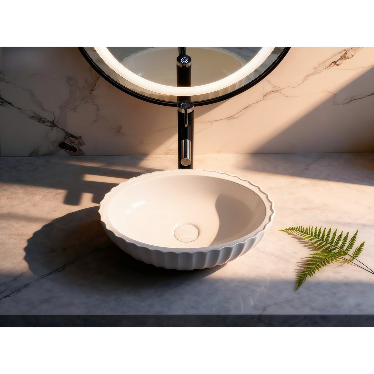 Infinity IA102 oval fluted gloss white basin styled with black tapware and greenery