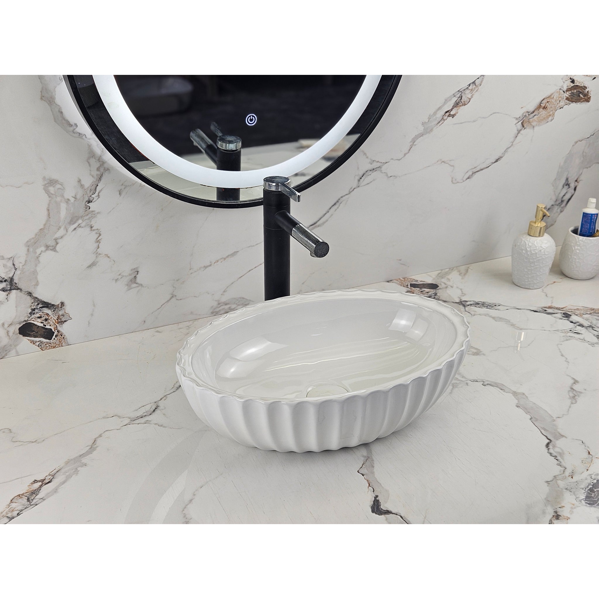 Infinity IA102 oval fluted gloss white basin with matte black tapware