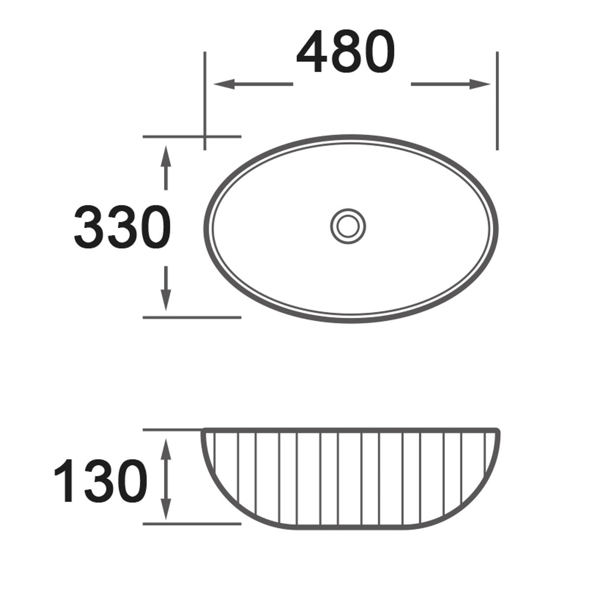 Infinity IA102 oval fluted basin technical drawing, 480 x 330 x 130mm