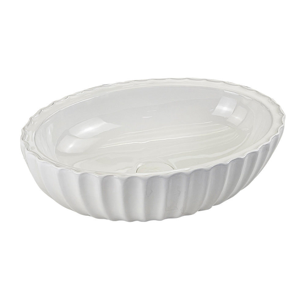 Infinity IA102 oval fluted above-counter ceramic basin in gloss white, isolated view