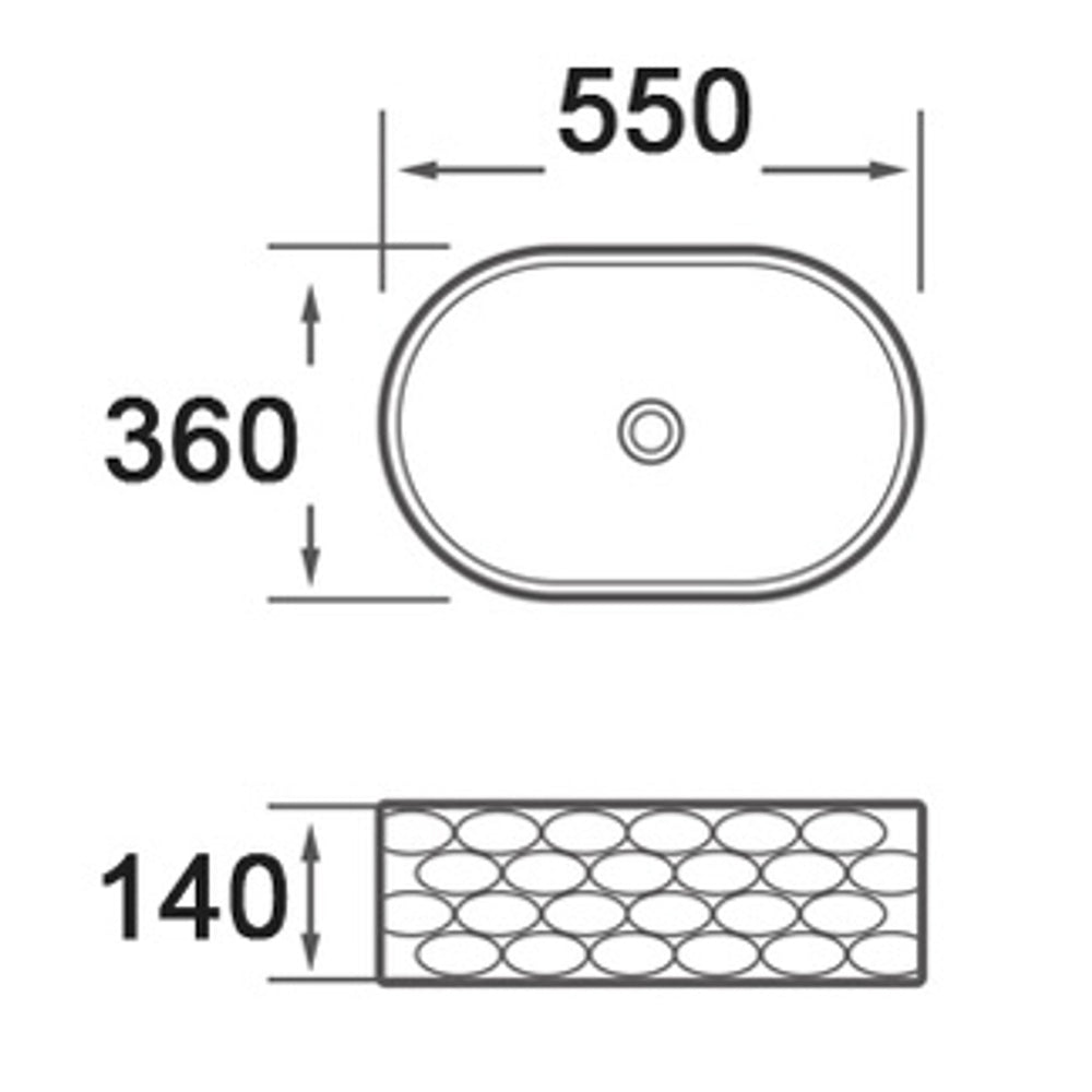Infinity IA103 oval textured basin technical drawing, 550 x 360 x 140mm
