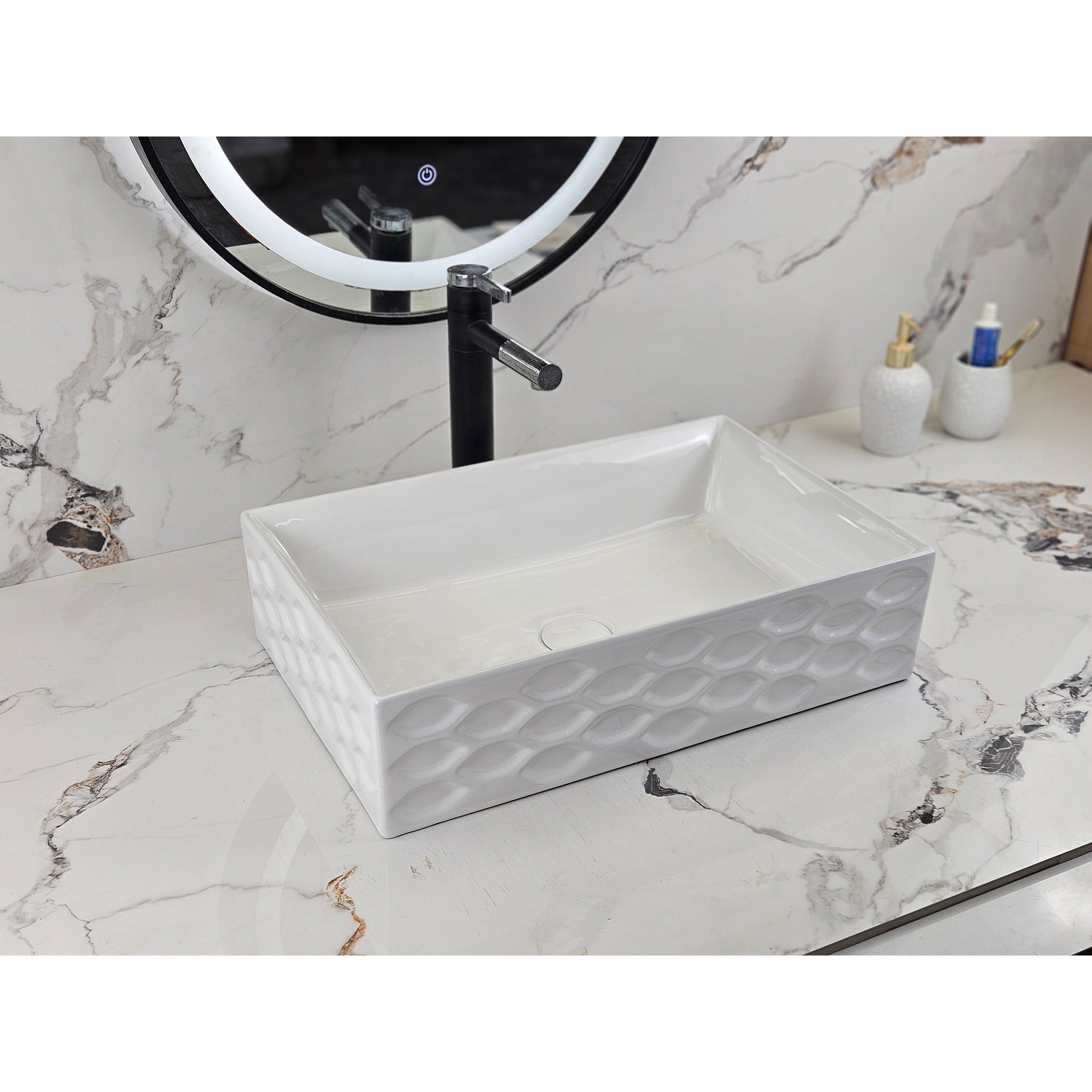 Infinity IA104 rectangular textured gloss white basin with black tapware, front angled view