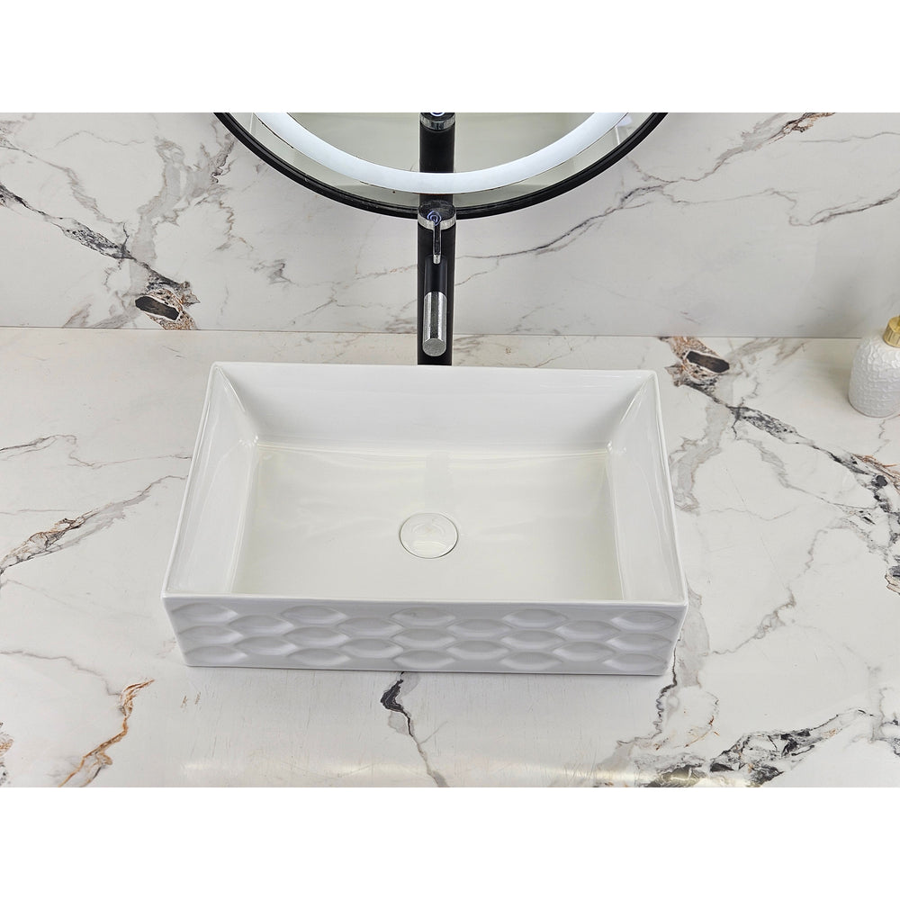 Infinity IA104 rectangular textured gloss white basin with black tapware, front view