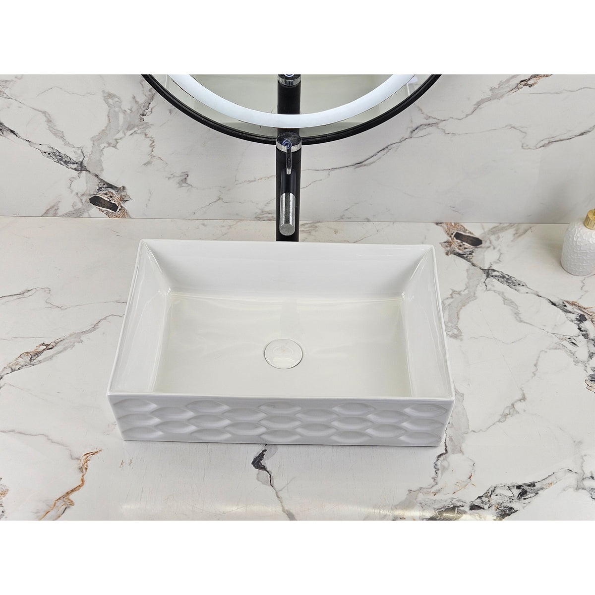 Infinity IA104 rectangular textured gloss white basin with black tapware, front view