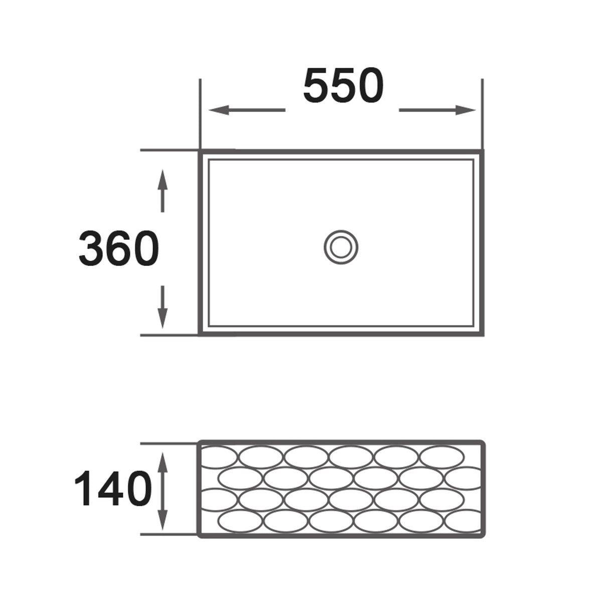 Infinity IA104 rectangular textured basin technical drawing, 550 x 360 x 140mm