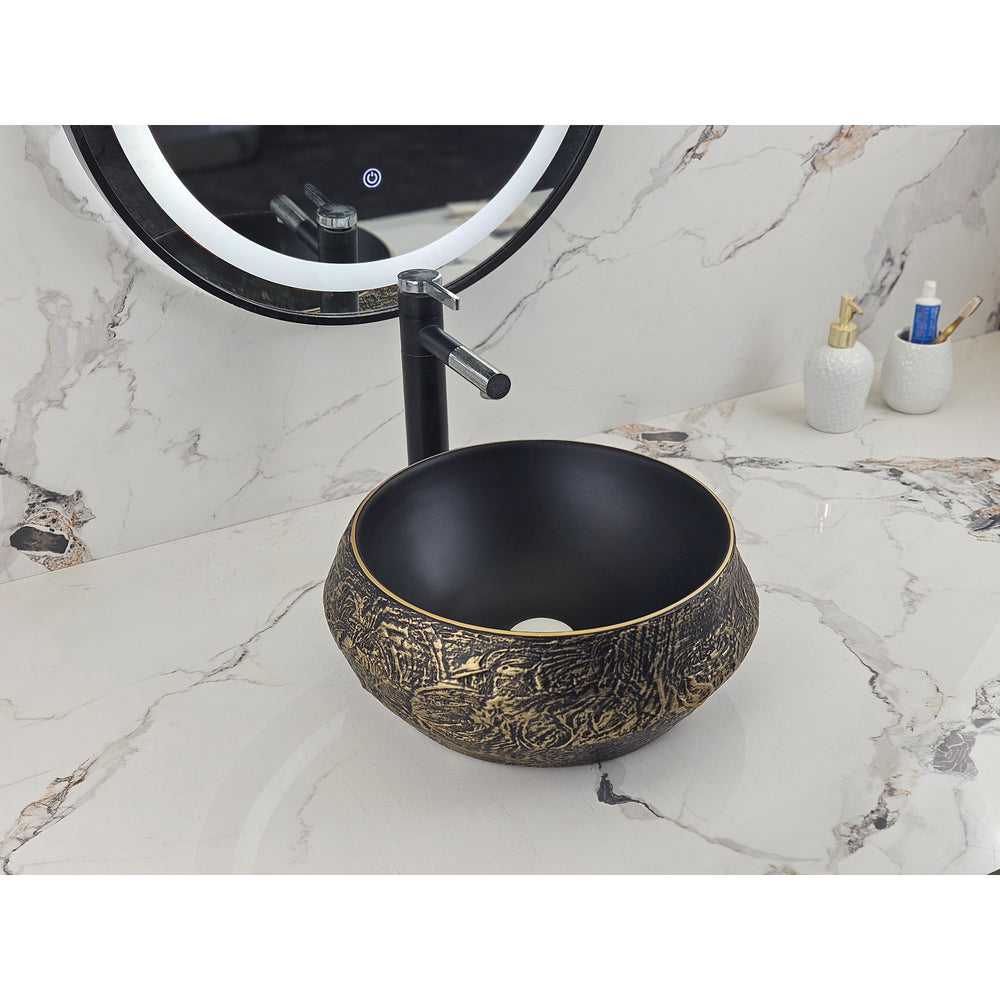 Infinity IA105 round matte black and copper gold basin with black tapware, front angled view