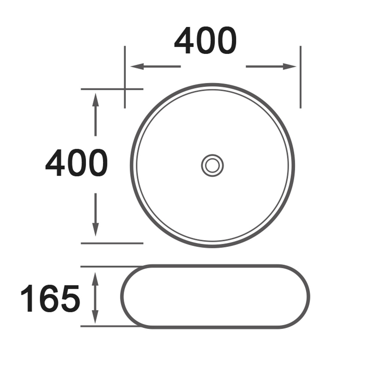Infinity IA105 round basin technical drawing, 400 x 400 x 165mm