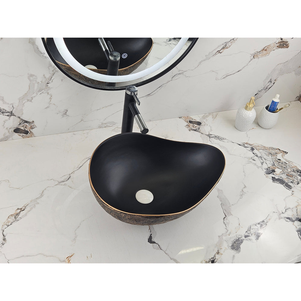 Infinity IA106 curved matte black and copper gold basin with black tapware, top angled view
