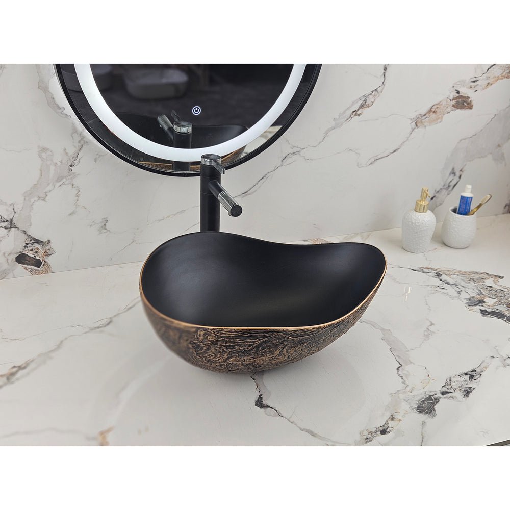 Infinity IA106 curved matte black and copper gold basin with black tapware, front angled view