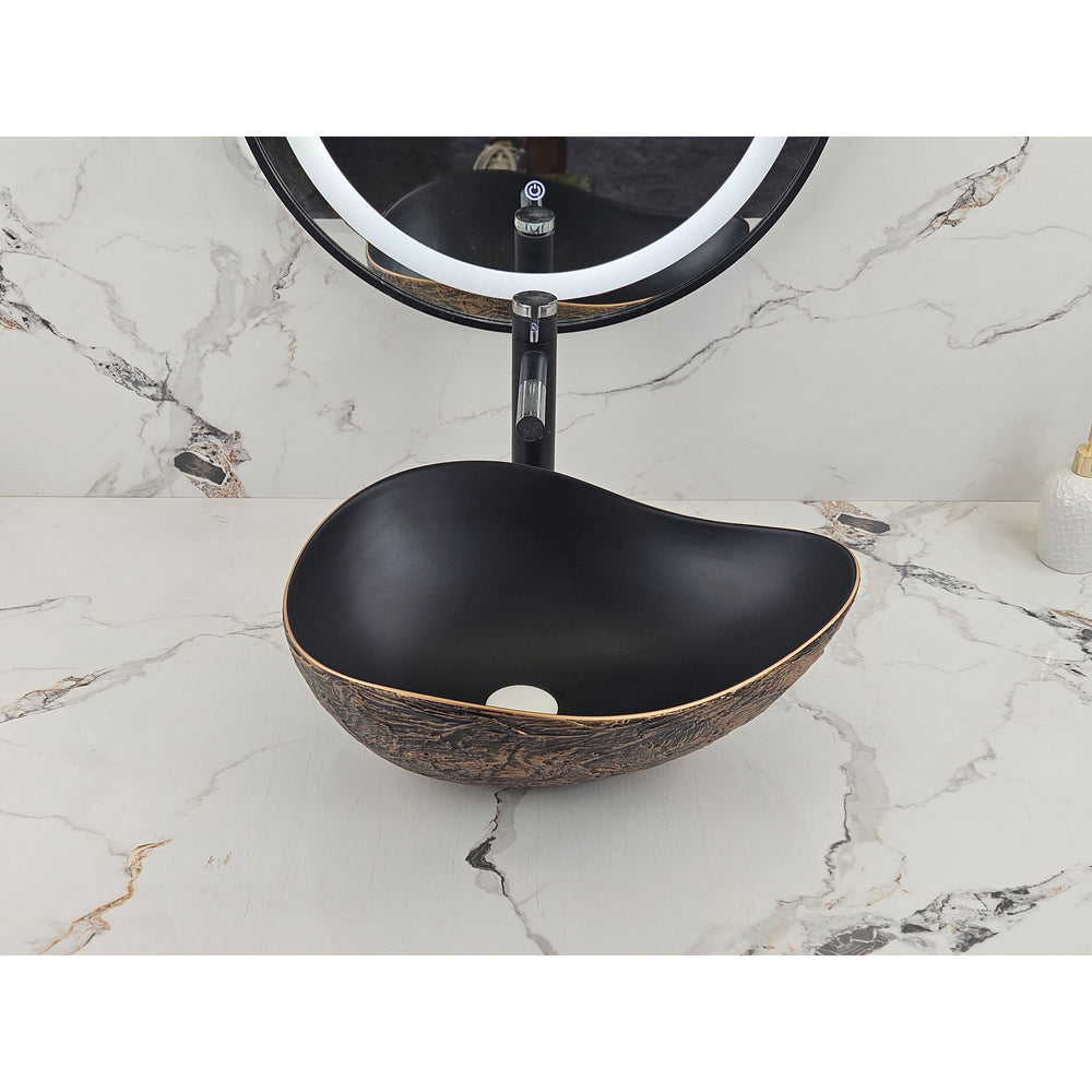 Infinity IA106 curved matte black and copper gold basin with black tapware, front view