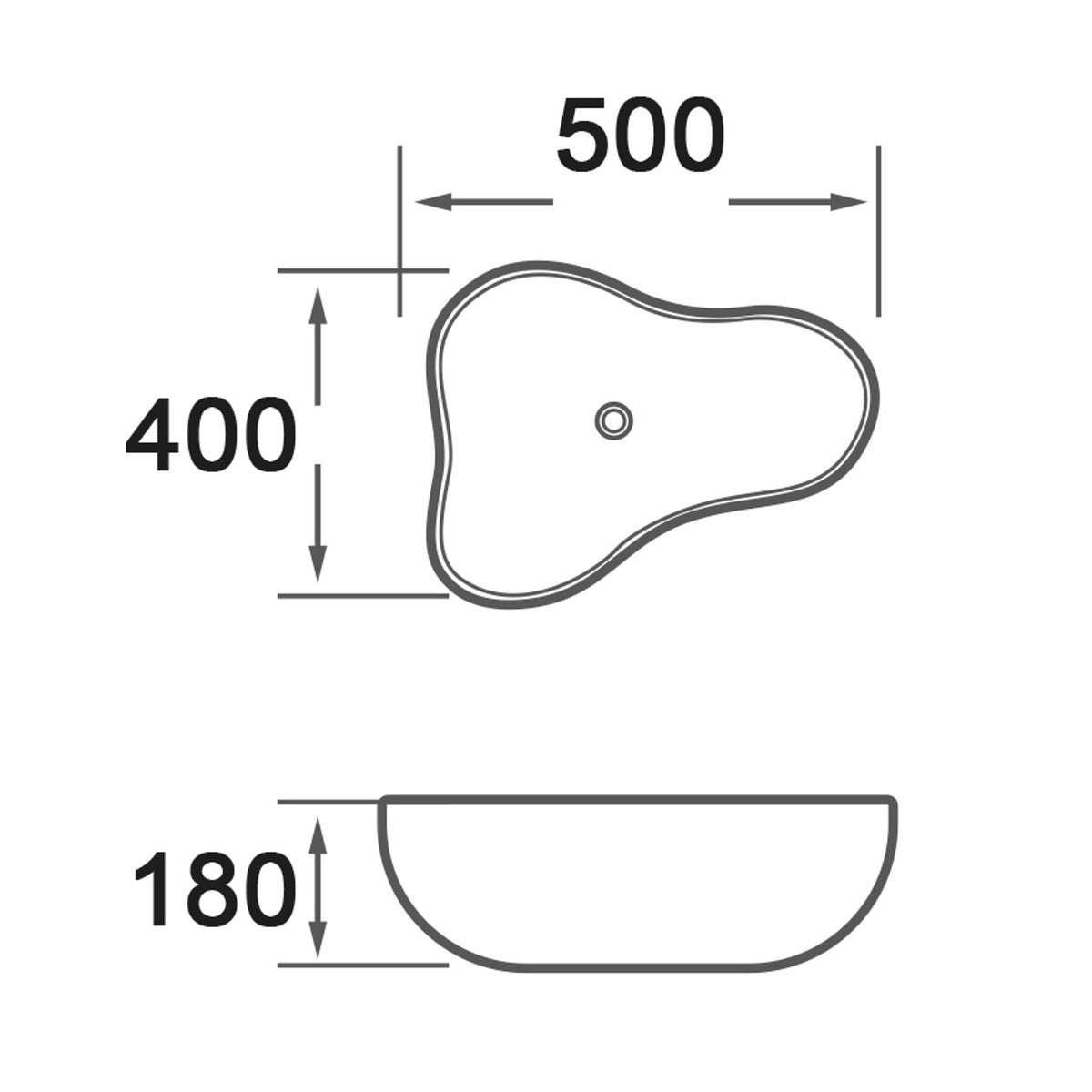 Infinity IA106 curved basin technical drawing, 500 x 400 x 180mm