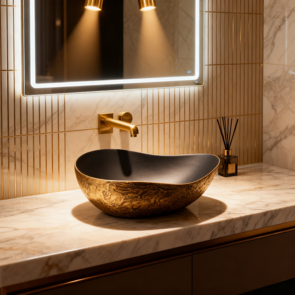 Infinity IA106 curved matte black and copper gold basin styled in a luxury bathroom