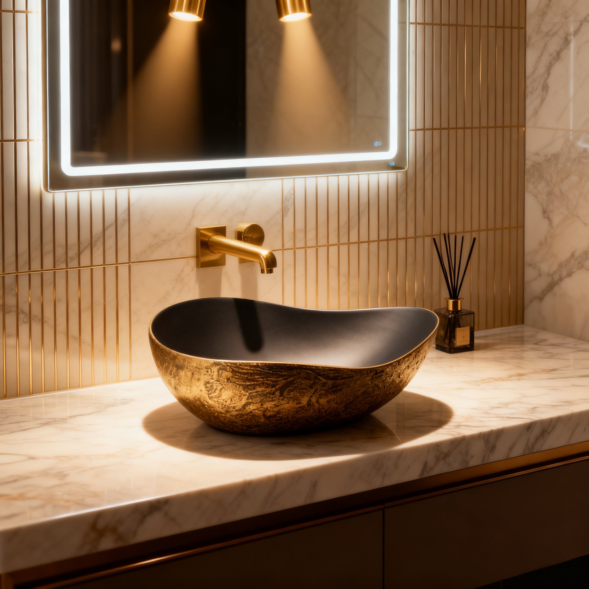 Infinity IA106 curved matte black and copper gold basin styled in a luxury bathroom