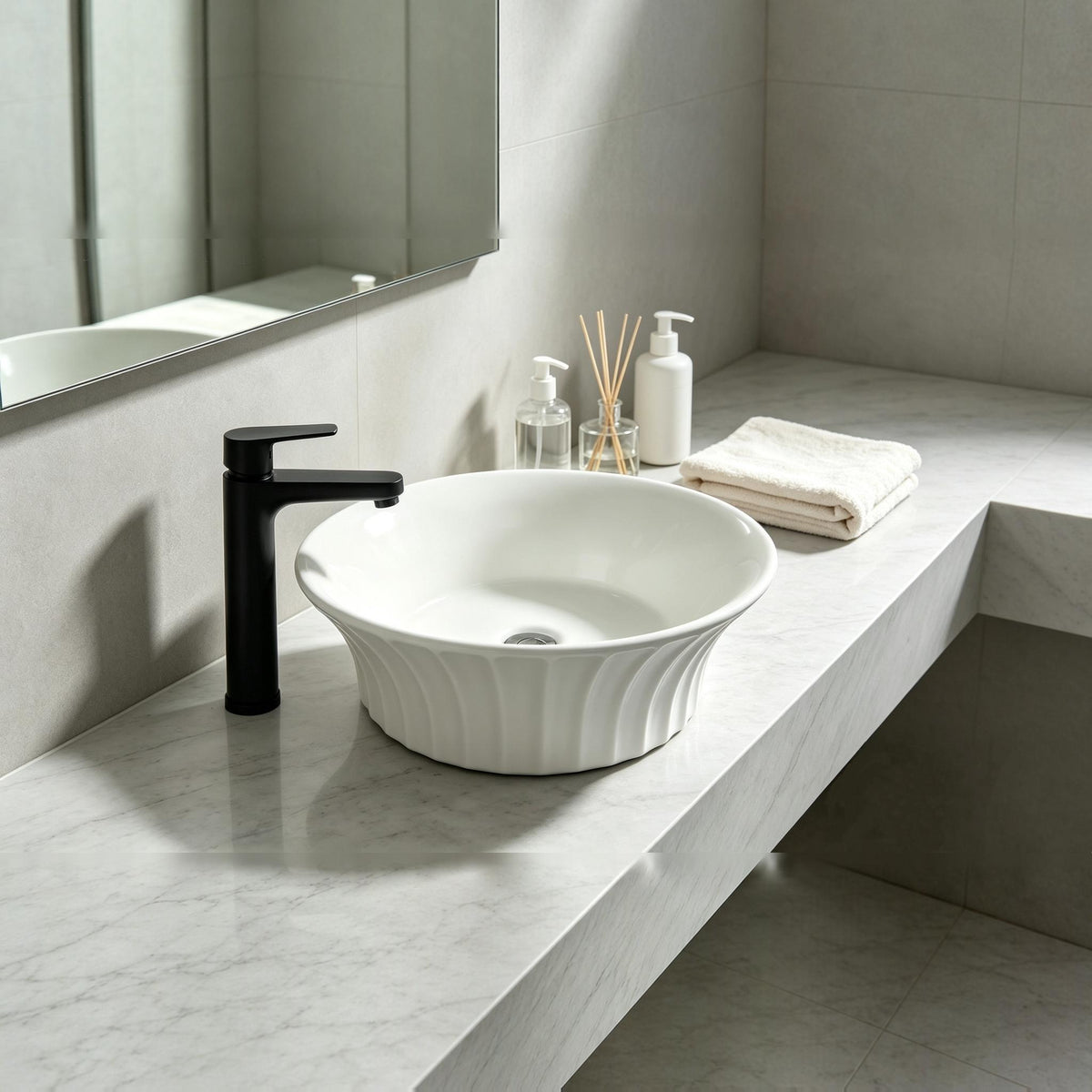 INFINITY CERAMIC BASIN ABOVE COUNTER ROUND MATTE WHITE 395MM