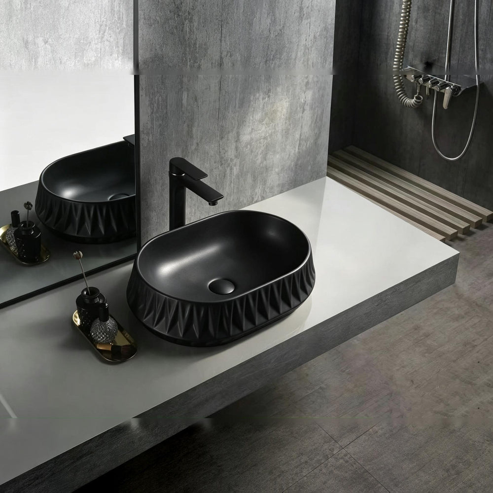 INFINITY CERAMIC BASIN ABOVE COUNTER OVAL MATTE BLACK 530MM