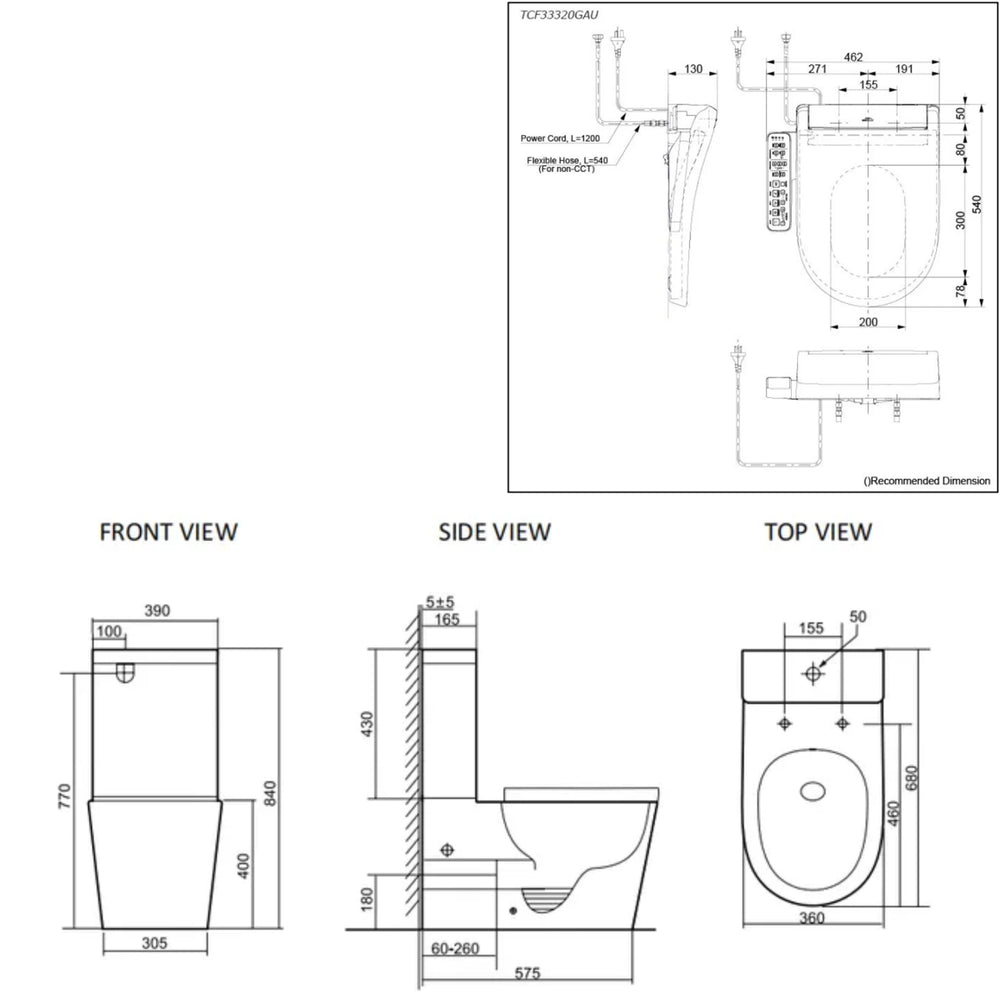 TOTO S2 WASHLET W/ SIDE CONTROL AND INSPIRE RIMLESS BTW TOILET SUITE PACKAGE D-SHAPED GLOSS WHITE