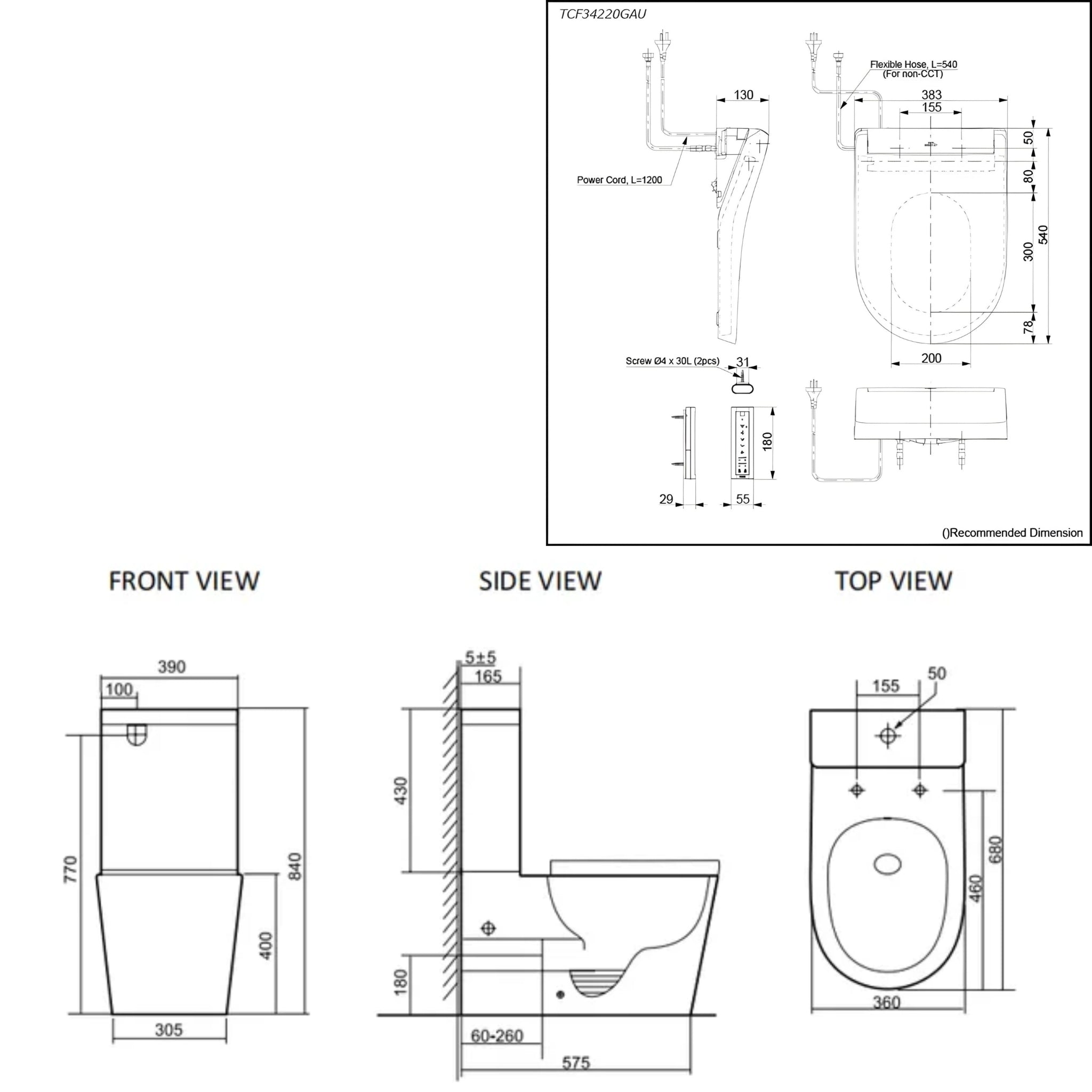 TOTO S5 WASHLET W/ REMOTE CONTROL AND INSPIRE RIMLESS BTW TOILET SUITE PACKAGE D-SHAPED GLOSS WHITE