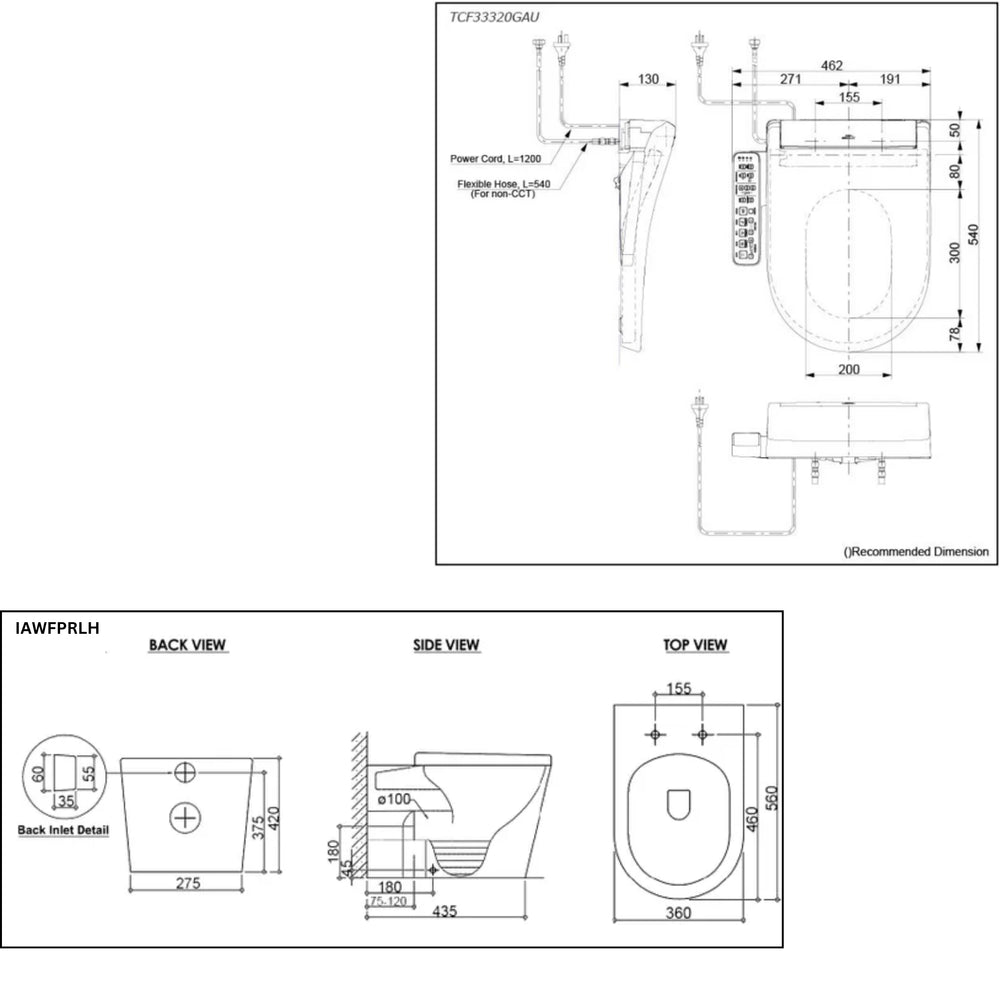 TOTO S5 WASHLET W/ REMOTE CONTROL AND INSPIRE WALL FACED RIMLESS TOILET PACKAGE (D-SHAPED) GLOSS WHITE