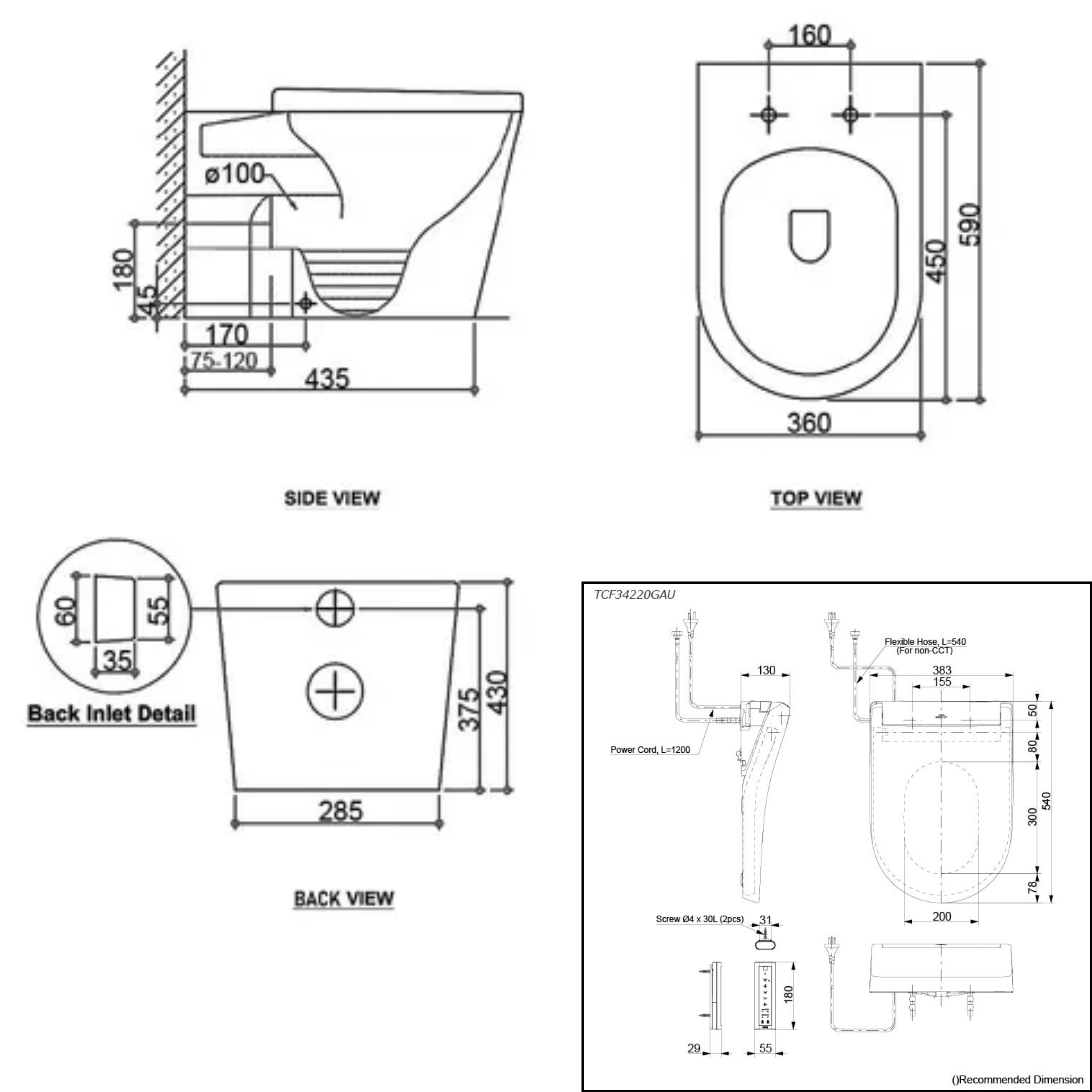 TOTO S5 WASHLET W/ REMOTE CONTROL AND WALL FACED RIMLESS TOILET PACKAGE (D-SHAPED) GLOSS WHITE