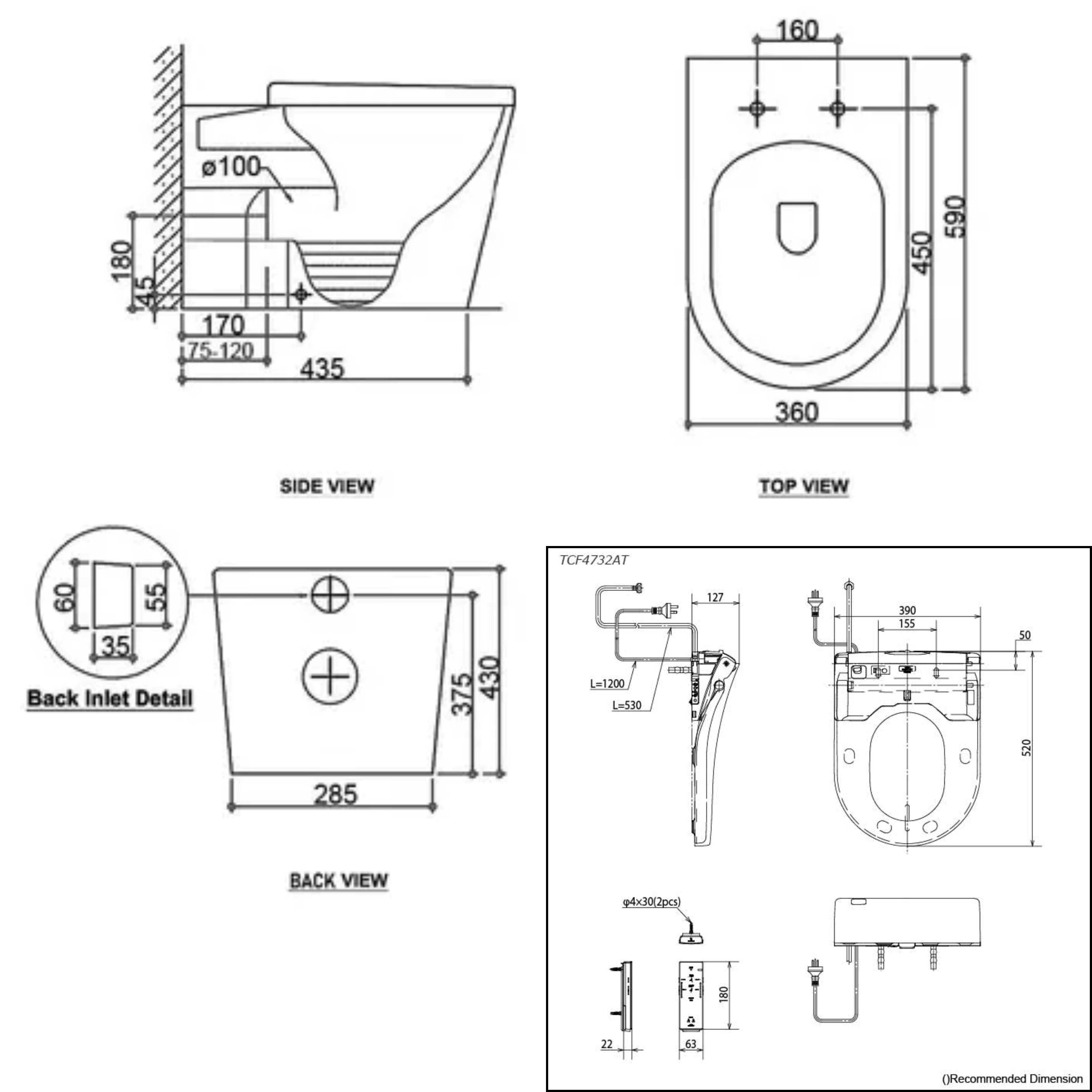 TOTO WASHLET W/ REMOTE CONTROL AND AUTOLID WALL FACED RIMLESS TOILET PACKAGE D-SHAPE GLOSS WHITE
