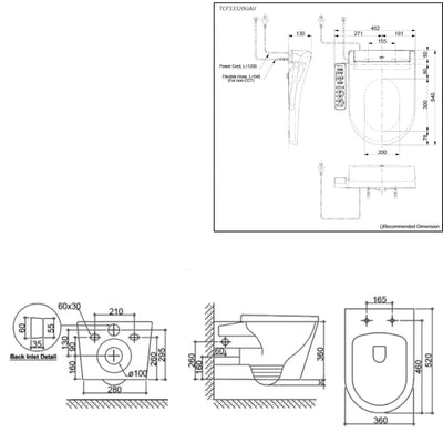 TOTO S2 WASHLET W/ SIDE CONTROL AND INSPIRE WALL HUNG RIMLESS TOILET PACKAGE D-SHAPED GLOSS WHITE