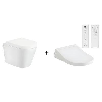 TOTO S5 WASHLET W/ REMOTE CONTROL AND INSPIRE WALL HUNG RIMLESS TOILET PACKAGE (D-SHAPED) GLOSS WHITE
