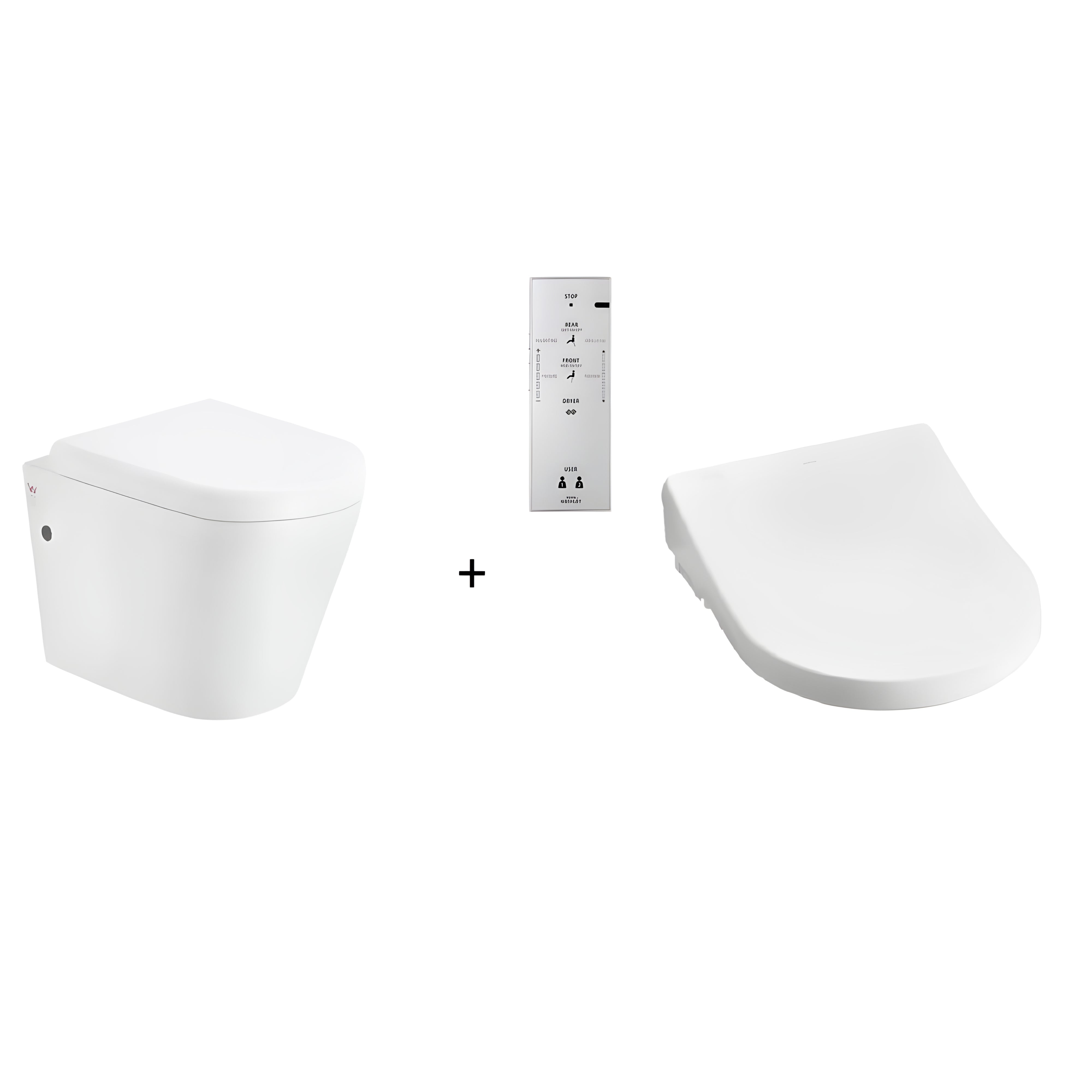 TOTO WASHLET W/ REMOTE CONTROL AND AUTOLID WALL HUNG RIMLESS TOILET PACKAGE D-SHAPE GLOSS WHITE