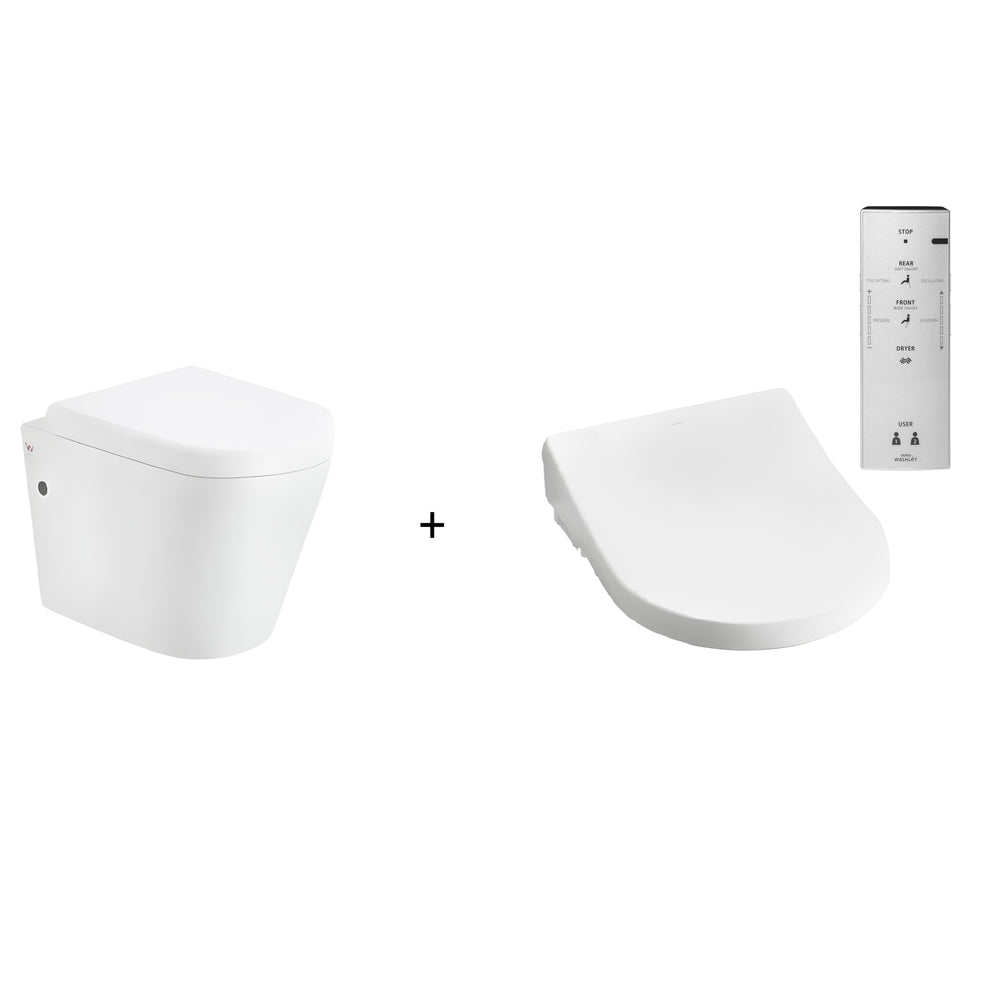 TOTO WASHLET W/ REMOTE CONTROL AND INSPIRE AUTOLID WALL HUNG RIMLESS TOILET PACKAGE D-SHAPE GLOSS WHITE