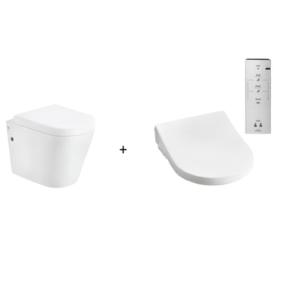 TOTO WASHLET W/ REMOTE CONTROL AND INSPIRE AUTOLID WALL HUNG RIMLESS TOILET PACKAGE D-SHAPE GLOSS WHITE
