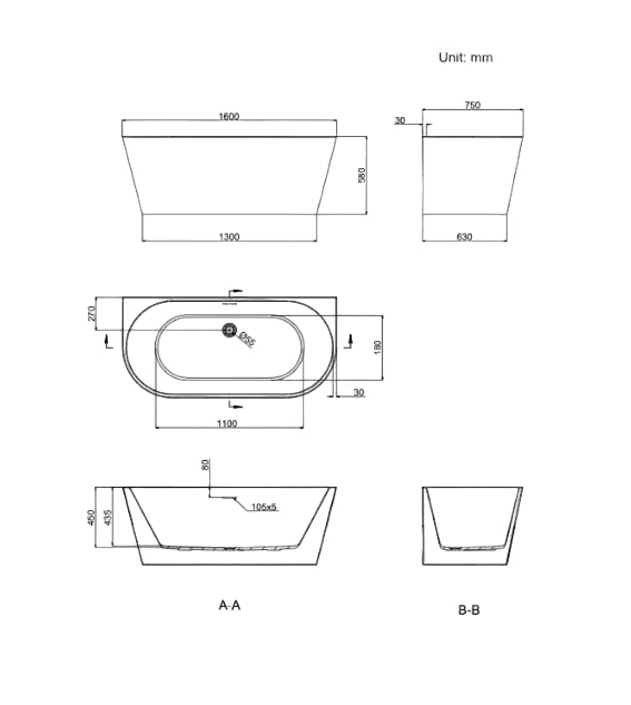 Linsol Idalia Back to Wall Bath 1600mm line drawing