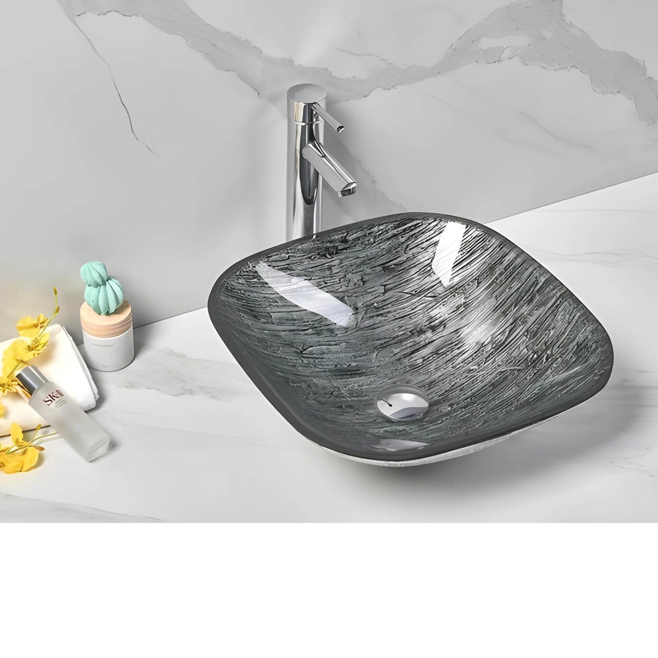 INFINITY GLASS ART BASIN SQUARE ABOVE COUNTER GREY 420MM