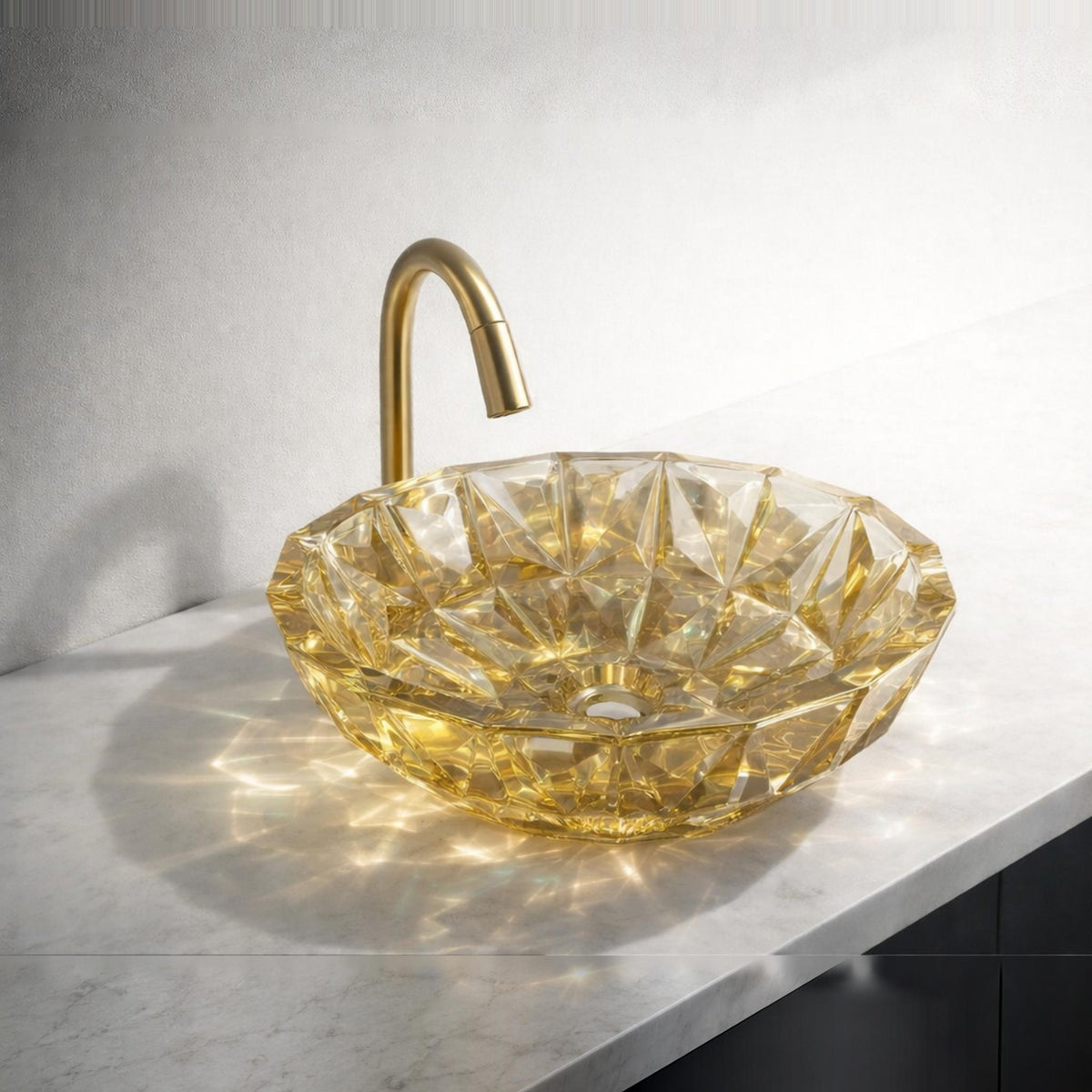 INFINITY TEMPERED GLASS ART BASIN ABOVE COUNTER ROUND GOLD 400MM