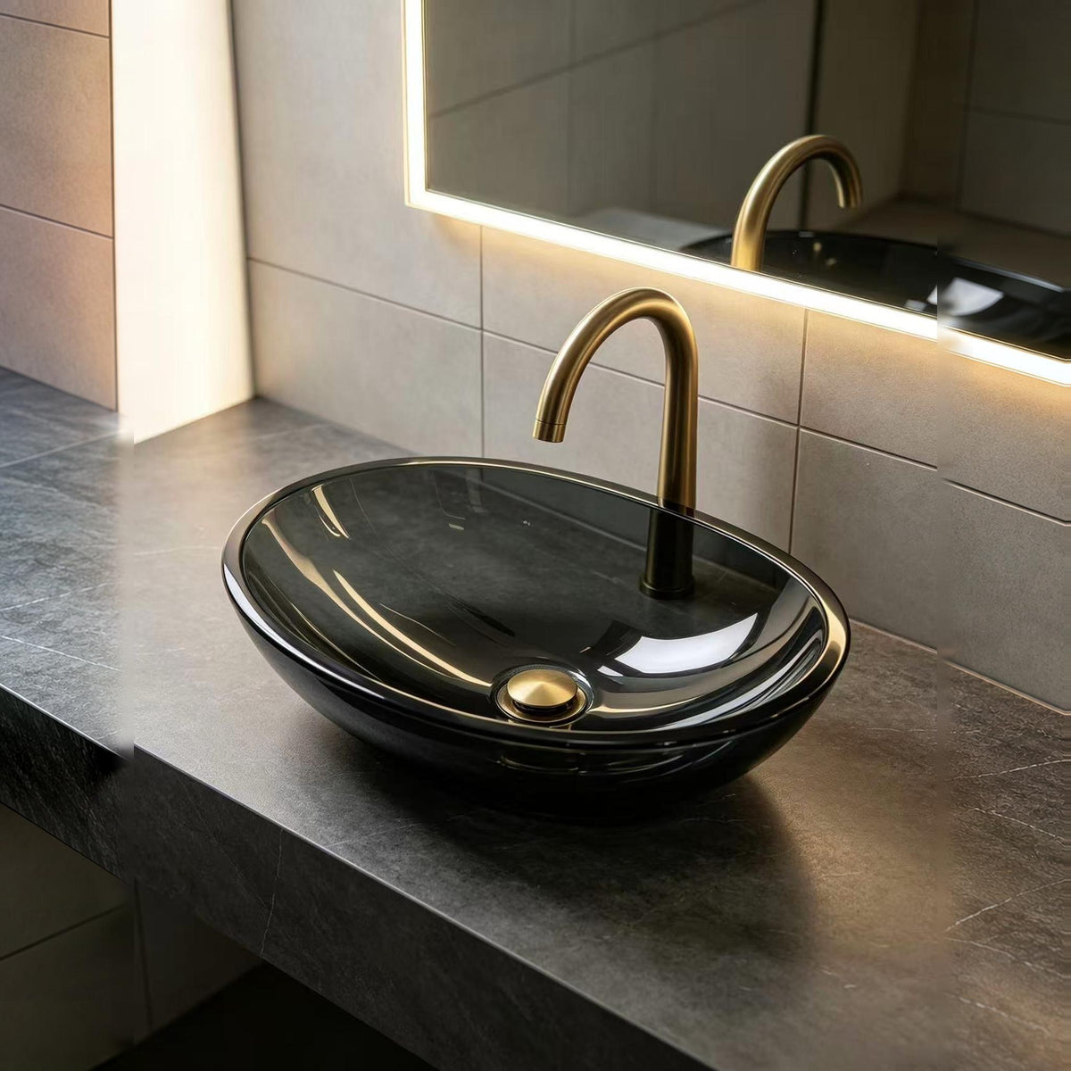 INFINITY TEMPERED GLASS ART BASIN ABOVE COUNTER OVAL BLACK 500MM