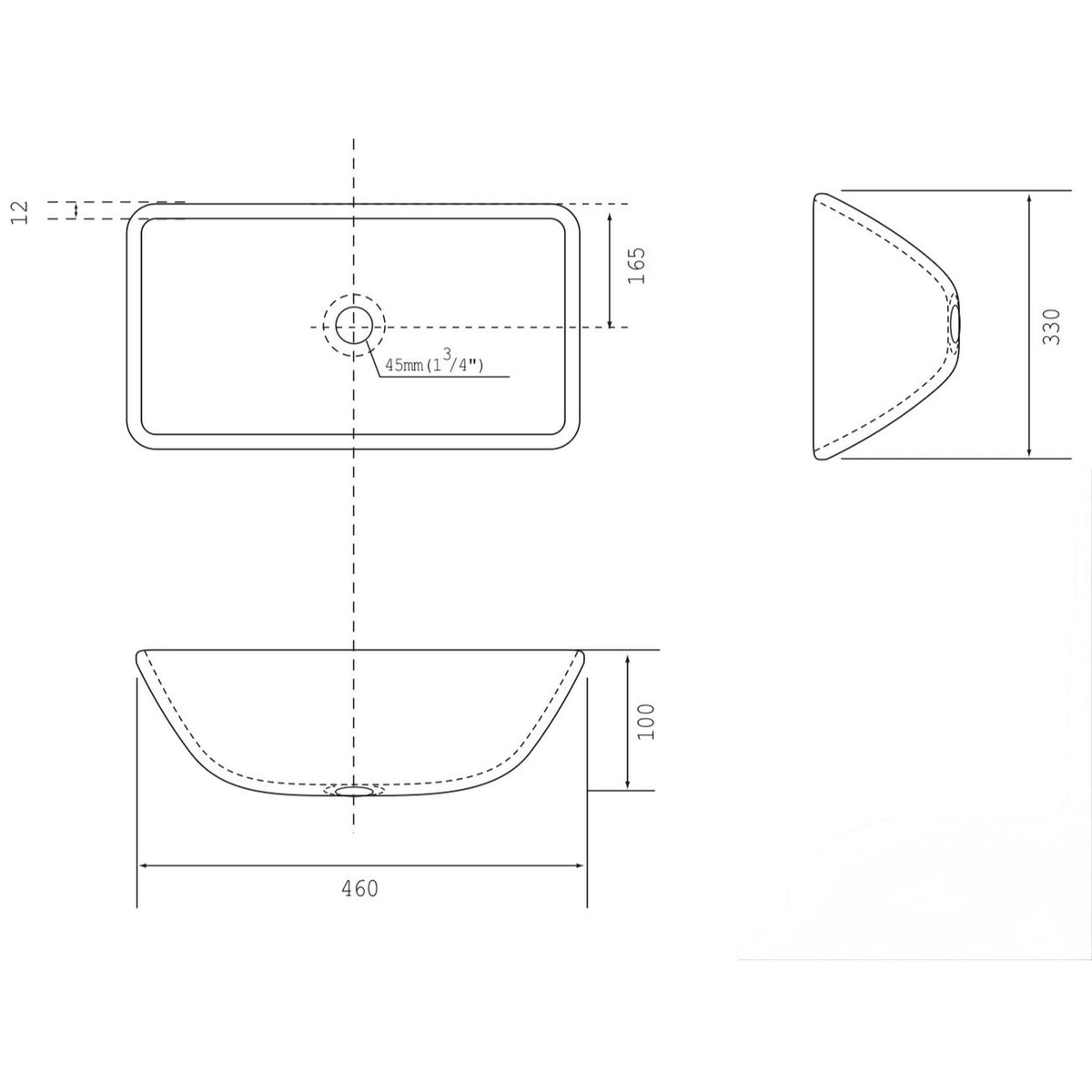INFINITY TEMPERED GLASS ART BASIN ABOVE COUNTER RECTANGULAR BLACK 460MM