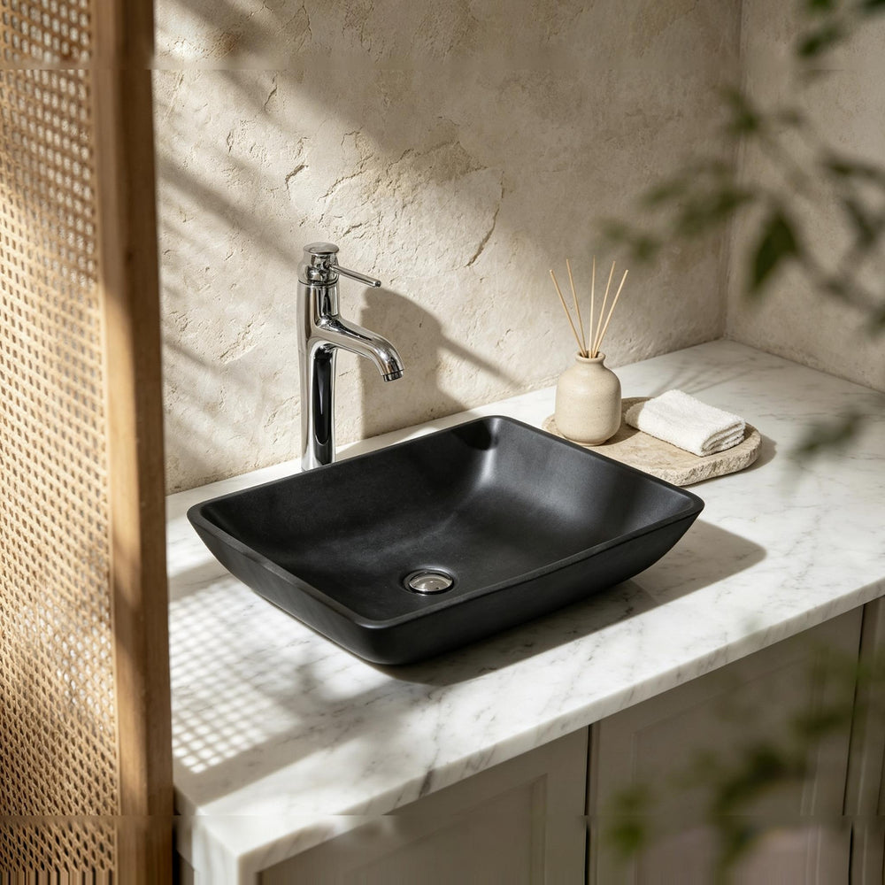 INFINITY TEMPERED GLASS ART BASIN ABOVE COUNTER RECTANGULAR BLACK 460MM