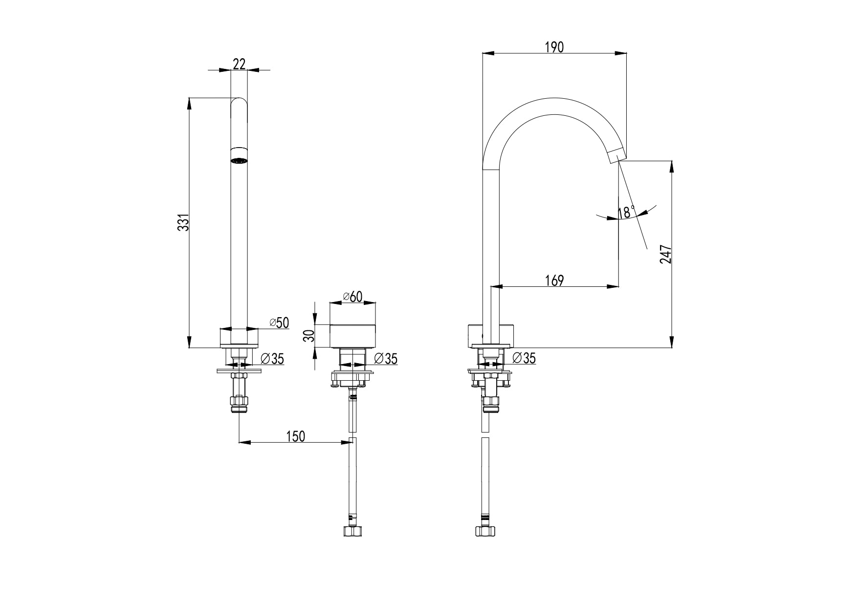 IKON HALI LEAD FREE HOB SINK MIXER 331MM MATTE BLACK