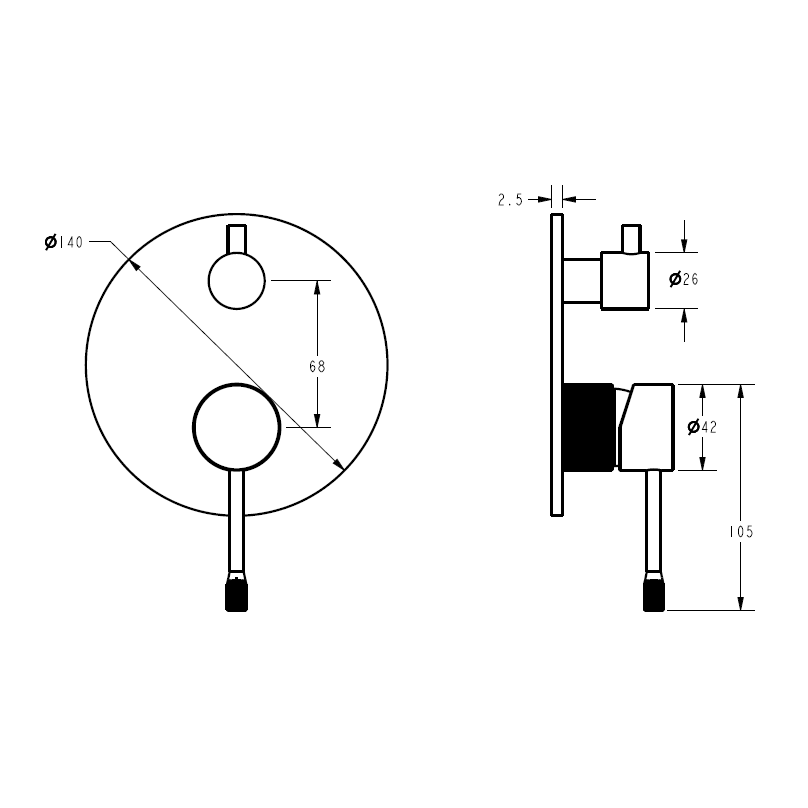 IKON LINIE LEAD FREE WALL MIXER DIVERTER TRIM KIT WITH BODY 140MM MATTE BLACK