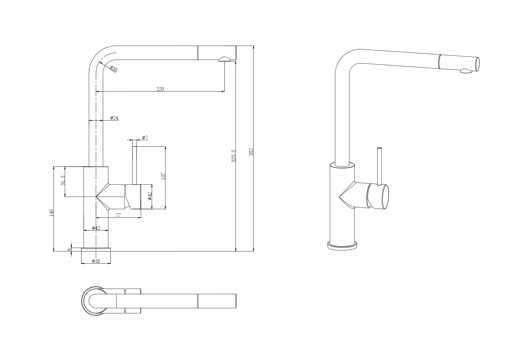 IKON OTUS SLIMLINE SS PULL OUT SINK MIXER 352MM MATTE BLACK