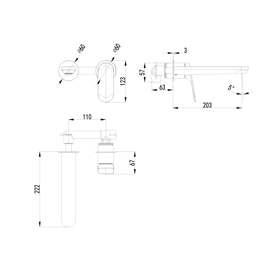 IKON SULU II LEAD FREE WALL BASIN MIXER TRIM KIT WITH ROUGH IN BODY 222MM MATTE BLACK