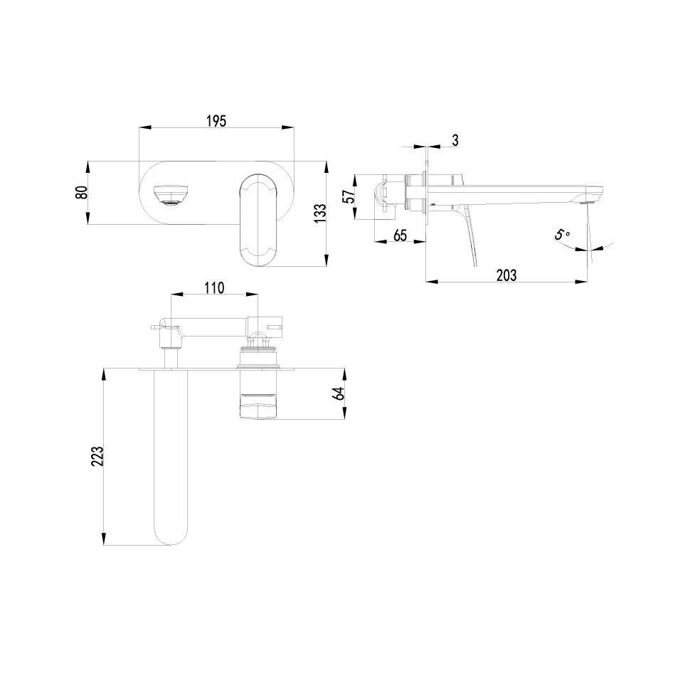 IKON SULU II LEAD FREE WALL BASIN MIXER TRIM KIT WITH ROUGH IN BODY 223MM MATTE BLACK